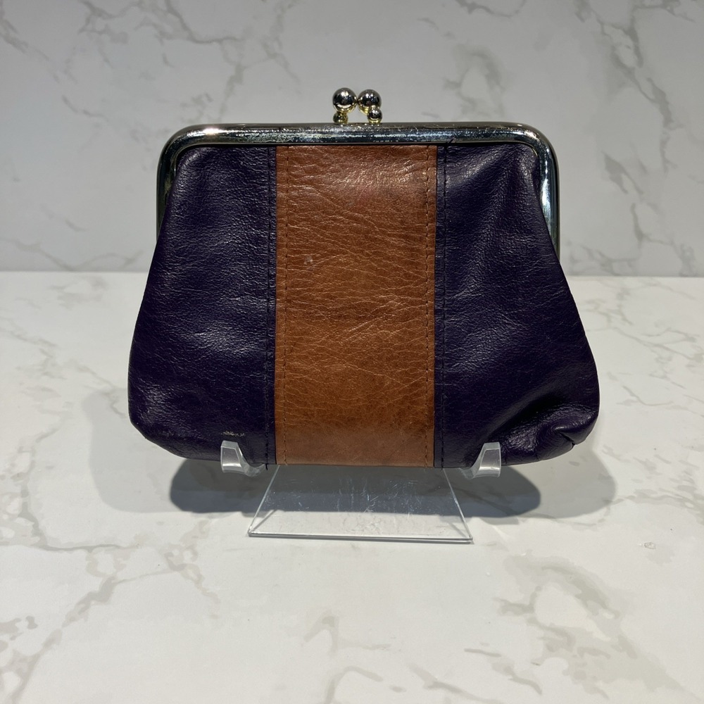 Buxton Women Genuine Leather Brown/Dark Purple Coin Holder Kiss Lock Closure Vtg